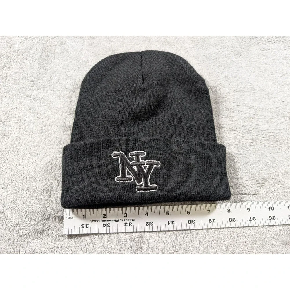 NY New York Beanie Black Knit Hat Cuffed Embroidered Logo Unisex New Acrylic